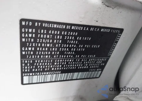 2022 Volkswagen Taos 1.5T Se из США, поврежденный, VIN 3VVWX7B20NM042400